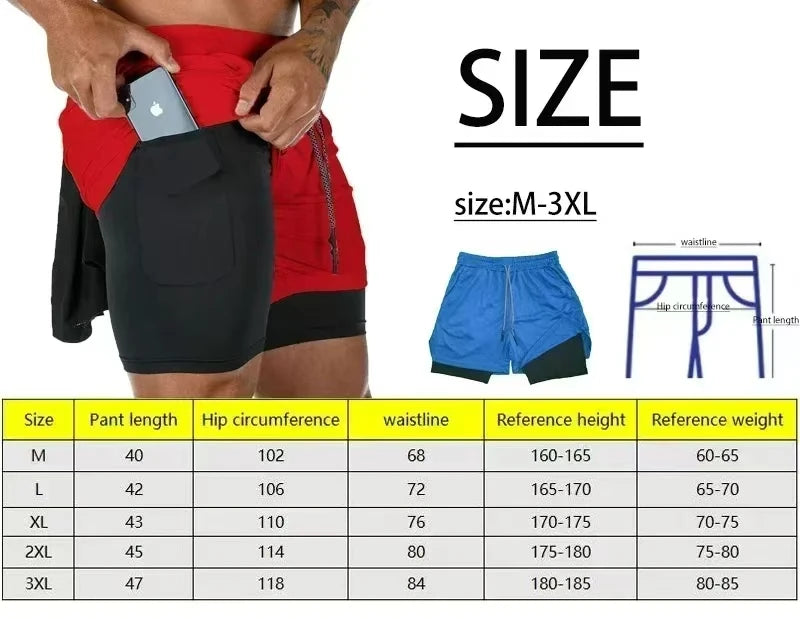 Blue drawstring shorts, front view; size chart shown for M–XXL