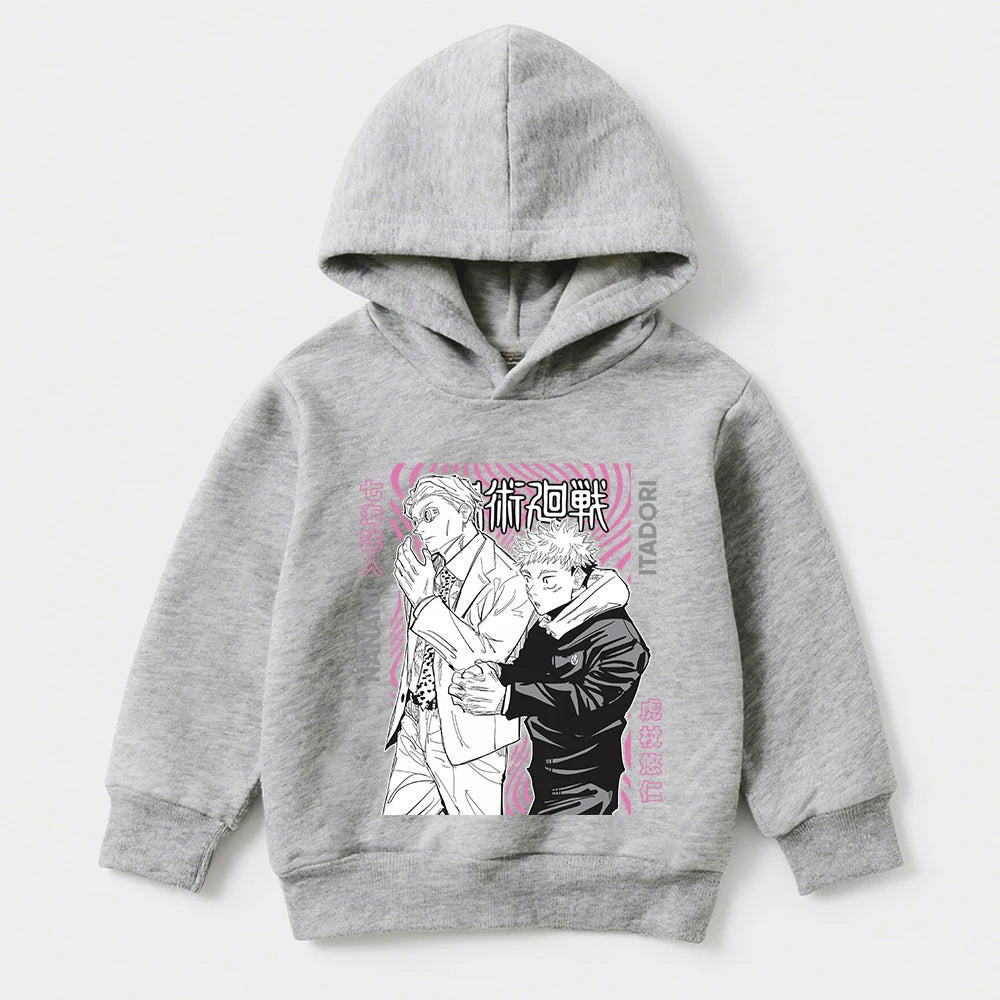 Pull à capuche gris avec imprimé duo Itadori et Nanami sur la poitrine