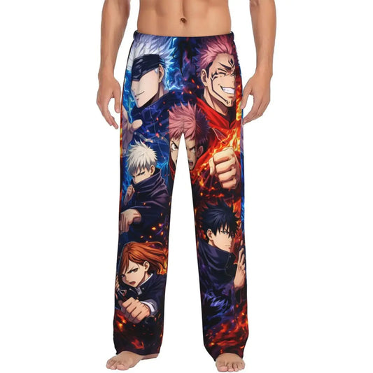 Pantalon de pyjama Jujutsu Kaisen à imprimé personnages, couleurs vives, style long