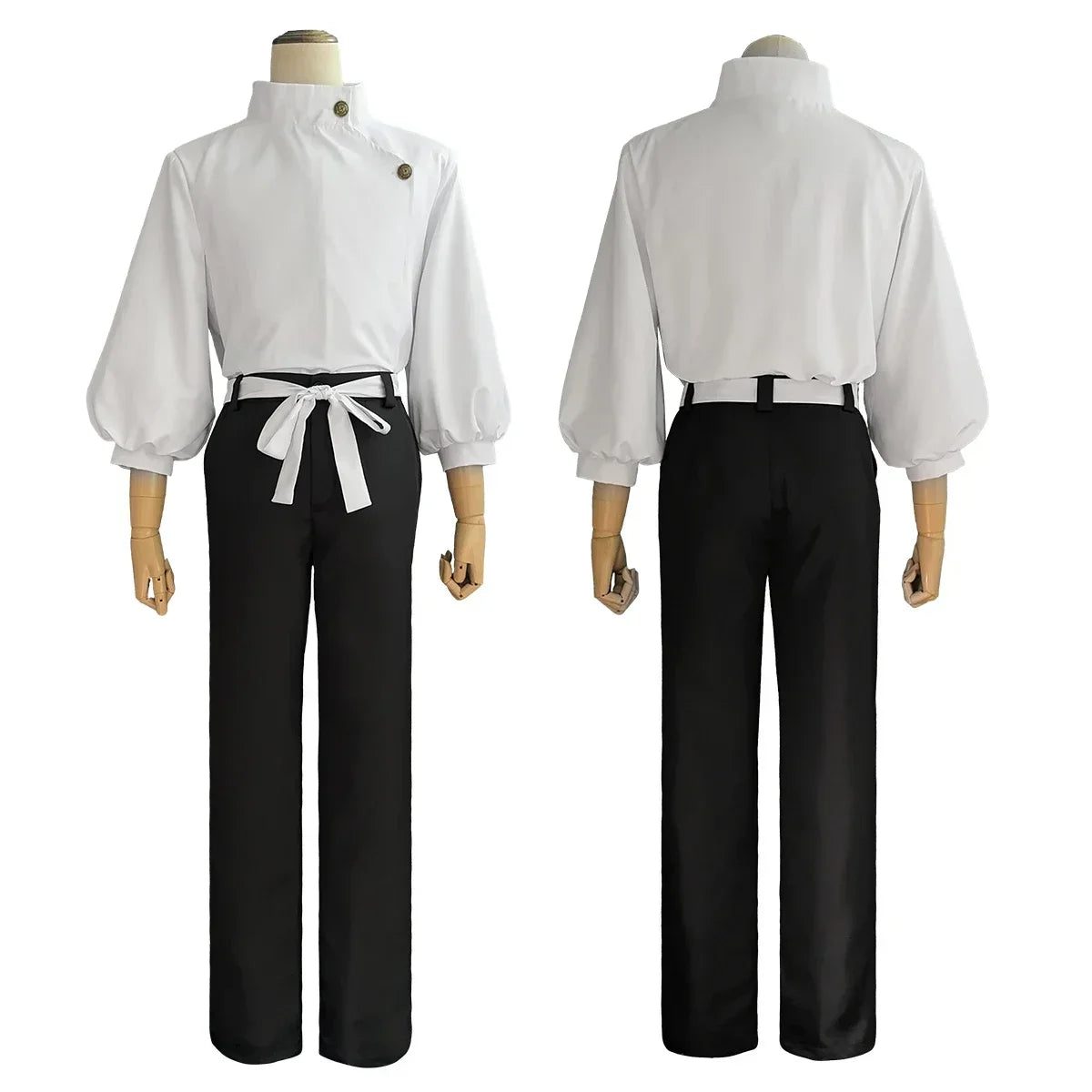 Costume complet : chemise blanche, pantalon noir et ceinture nouée, vues dos et face