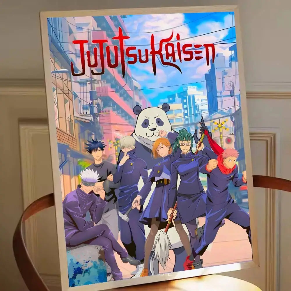 Affiche Jujutsu Kaisen École Saison 1 avec personnages et panda dans une ville