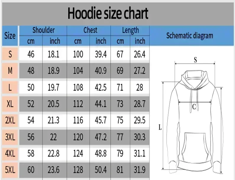 Hoodie size chart showing shoulder, chest, and length measurements by size (S to 5XL).
