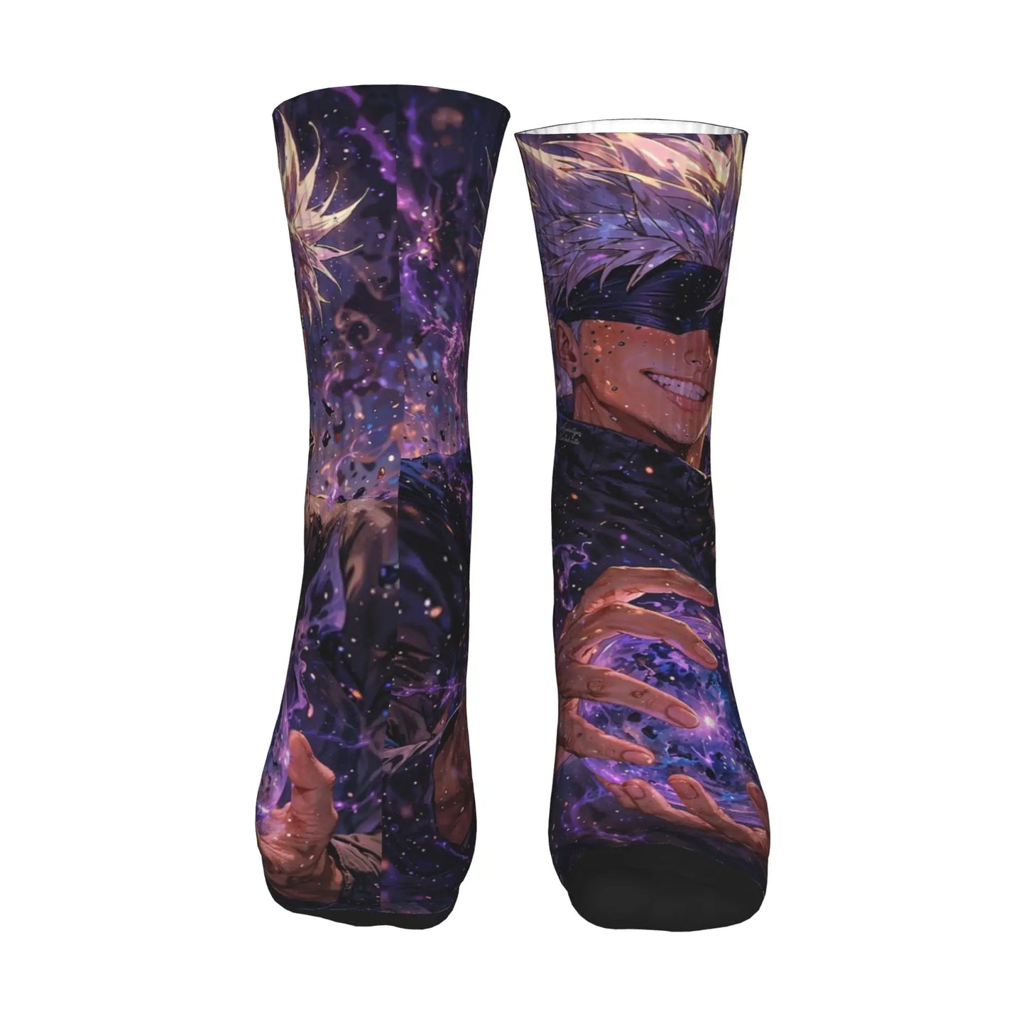 Paire de chaussettes violettes motif cosmique, visage et mains, pointe noire
