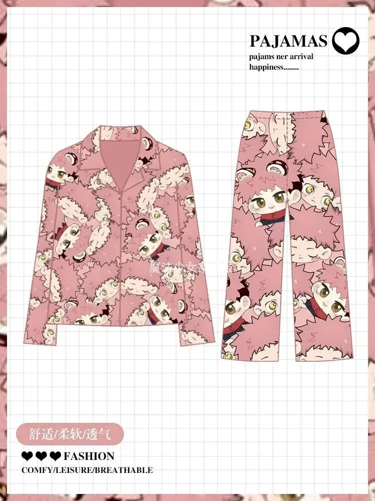 Pink pajama set with long-sleeve shirt and long pants, allover cartoon character print