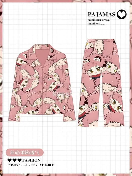 Pink pajama set with long-sleeve shirt and long pants, allover cartoon character print