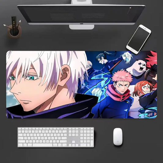 Tapis de souris rectangulaire avec visuel Jujutsu Kaisen bleu, blanc et personnages