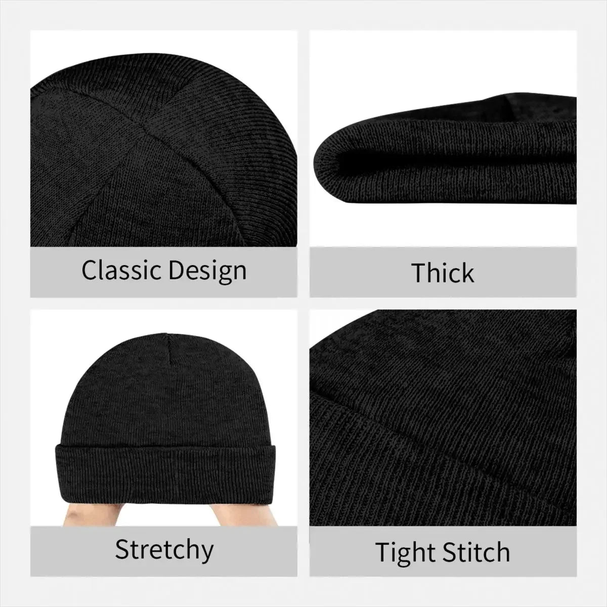 Bonnet noir côtelé, coupe classique, revers épais, points serrés et extensible