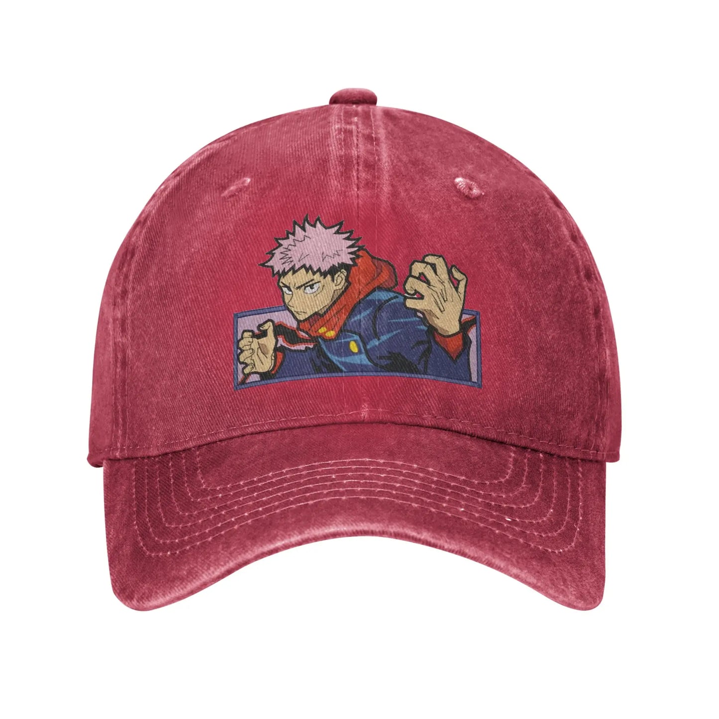 Casquette bordeaux Jujutsu Kaisen avec patch Yoji Itodori sur le devant et visière courbée