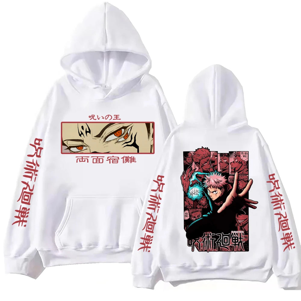 Hoodie blanc à capuche, imprimé manga sur le devant et le haut du dos