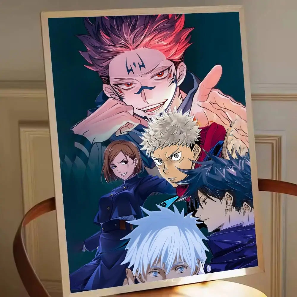 Affiche encadrée Jujutsu Kaisen avec personnages en style manga, couleurs vives.