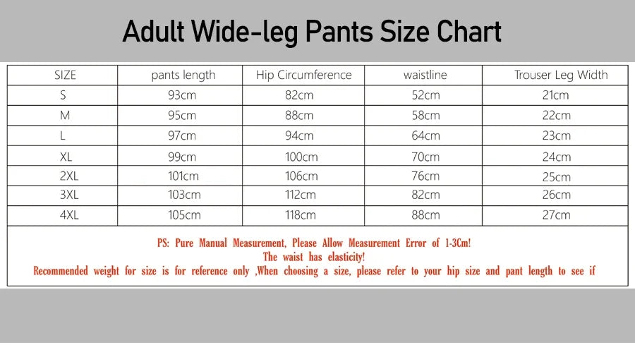 Tableau des tailles adulte, pantalon ample: longueur, tour de hanche et largeur de jambe
