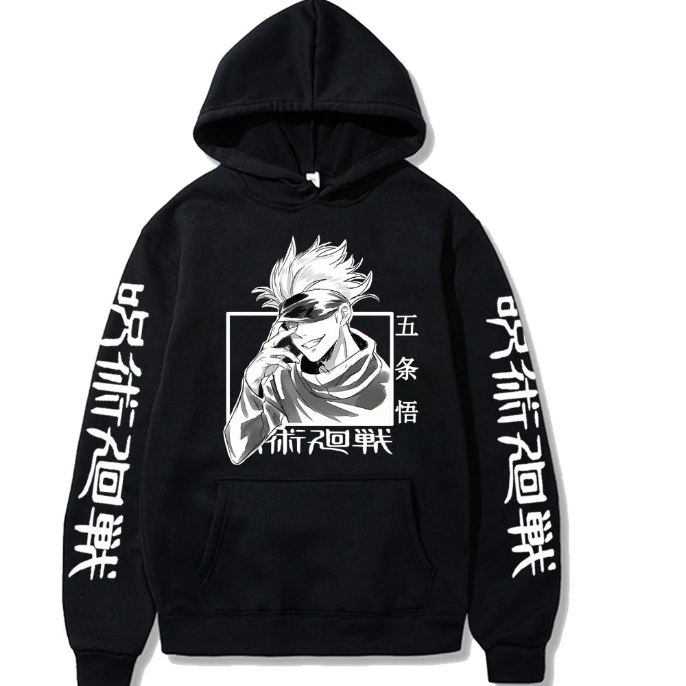 Hoodie noir à capuche avec visuel central de personnages et texte sur les manches