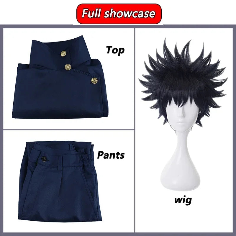 Ensemble de costume bleu marine avec perruque : veste et pantalon, perruque noire