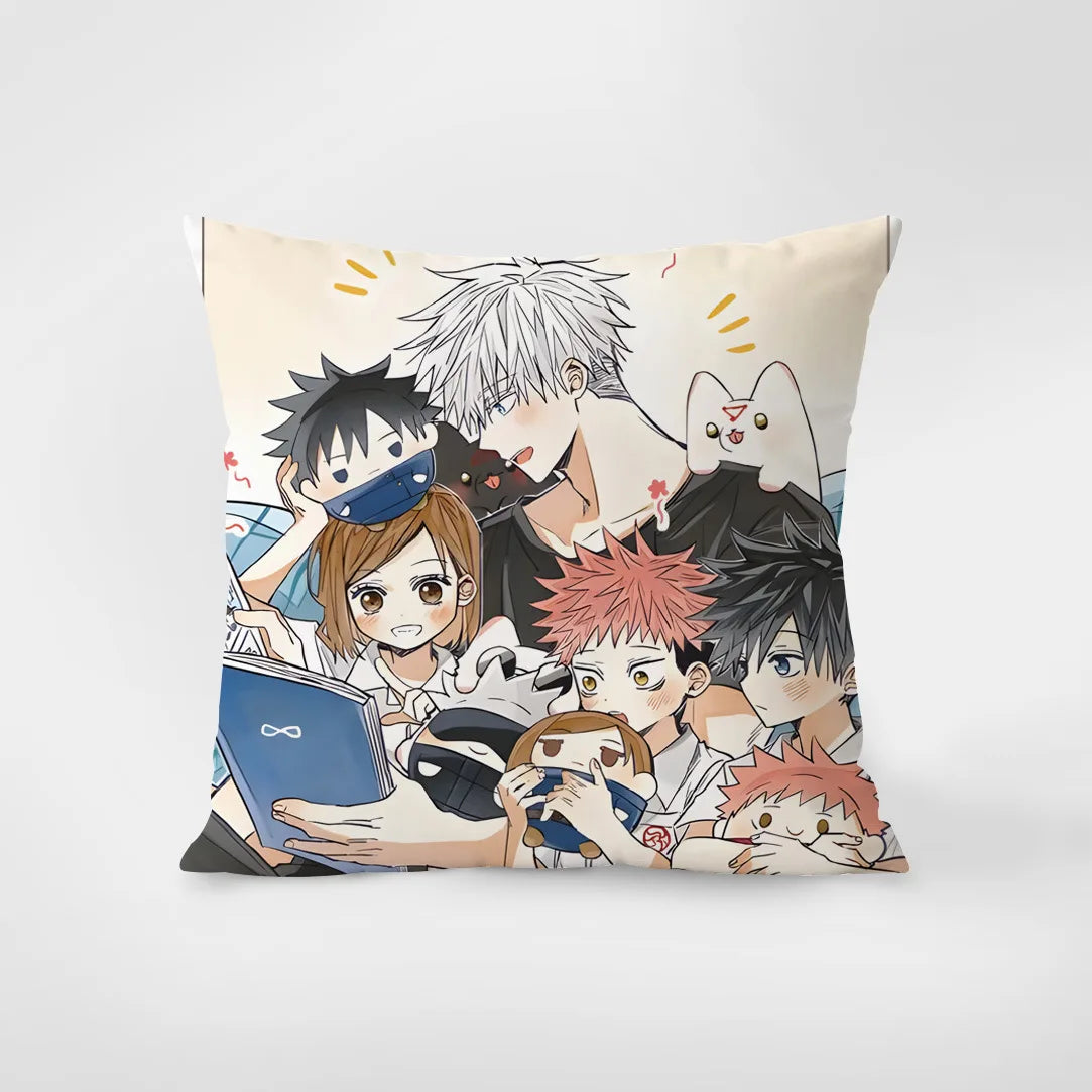 Housse de coussin avec illustration manga en couleurs, personnages et motif rouge
