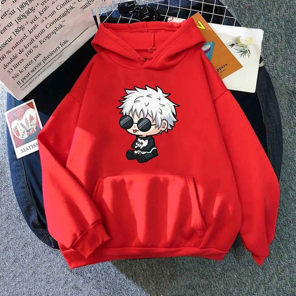 Hoodie rouge à capuche, personnage manga aux lunettes imprimé sur la poitrine