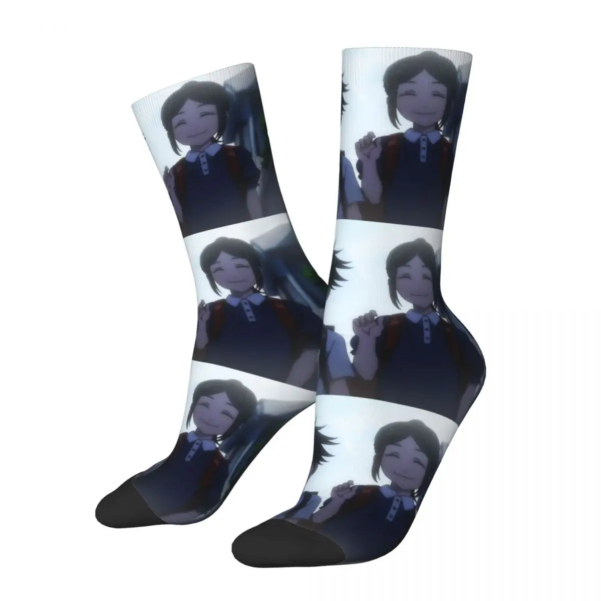 Chaussettes bleu foncé à motif personnage animé, bandes claires sur la tige.