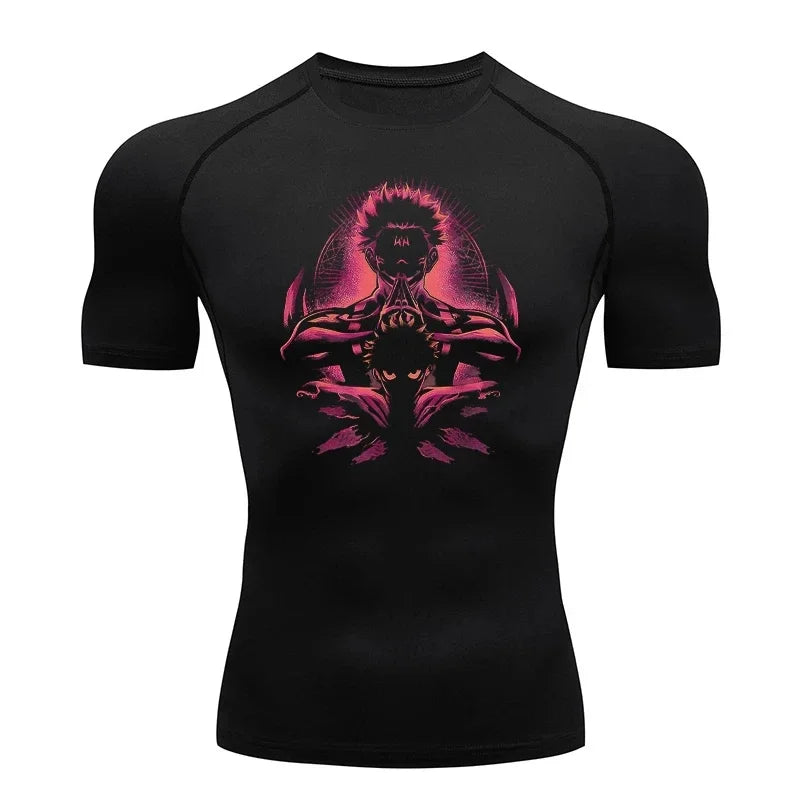 T-shirt compression noir avec motif rose de Ryomen Sukuna, encolure ras du cou