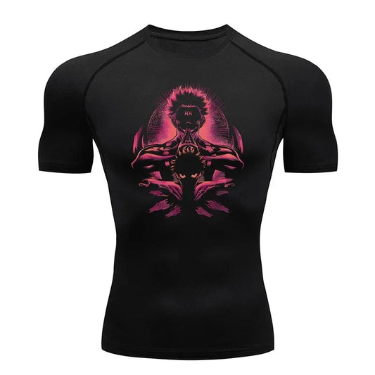T-shirt compression noir avec motif rose de Ryomen Sukuna, encolure ras du cou
