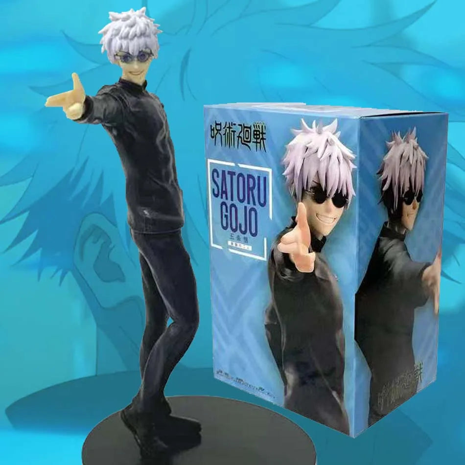 Figurine Gojo Satoru et boîte de collection, tenue noire, cheveux blancs, main pistolet