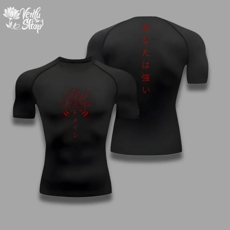 Black compression T-shirt with red front emblem; back vertical Japanese text
