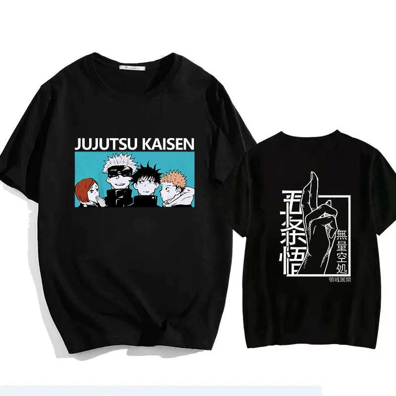 T-shirt noir Jujutsu Kaisen : impression anime sur le devant et au dos