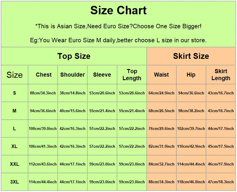 Tableau des tailles pour costume, mensurations par taille avec hauteur de haut et de jupe.