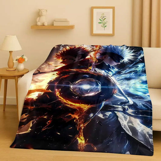 Couverture rectangulaire à motif anime, tons bleu et orange avec énergie
