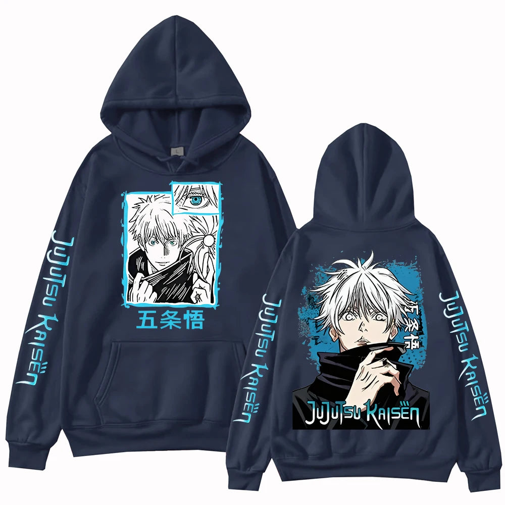 Sweat à capuche bleu foncé Jujutsu Kaisen, imprimé Gojo sur devant, poche kangourou