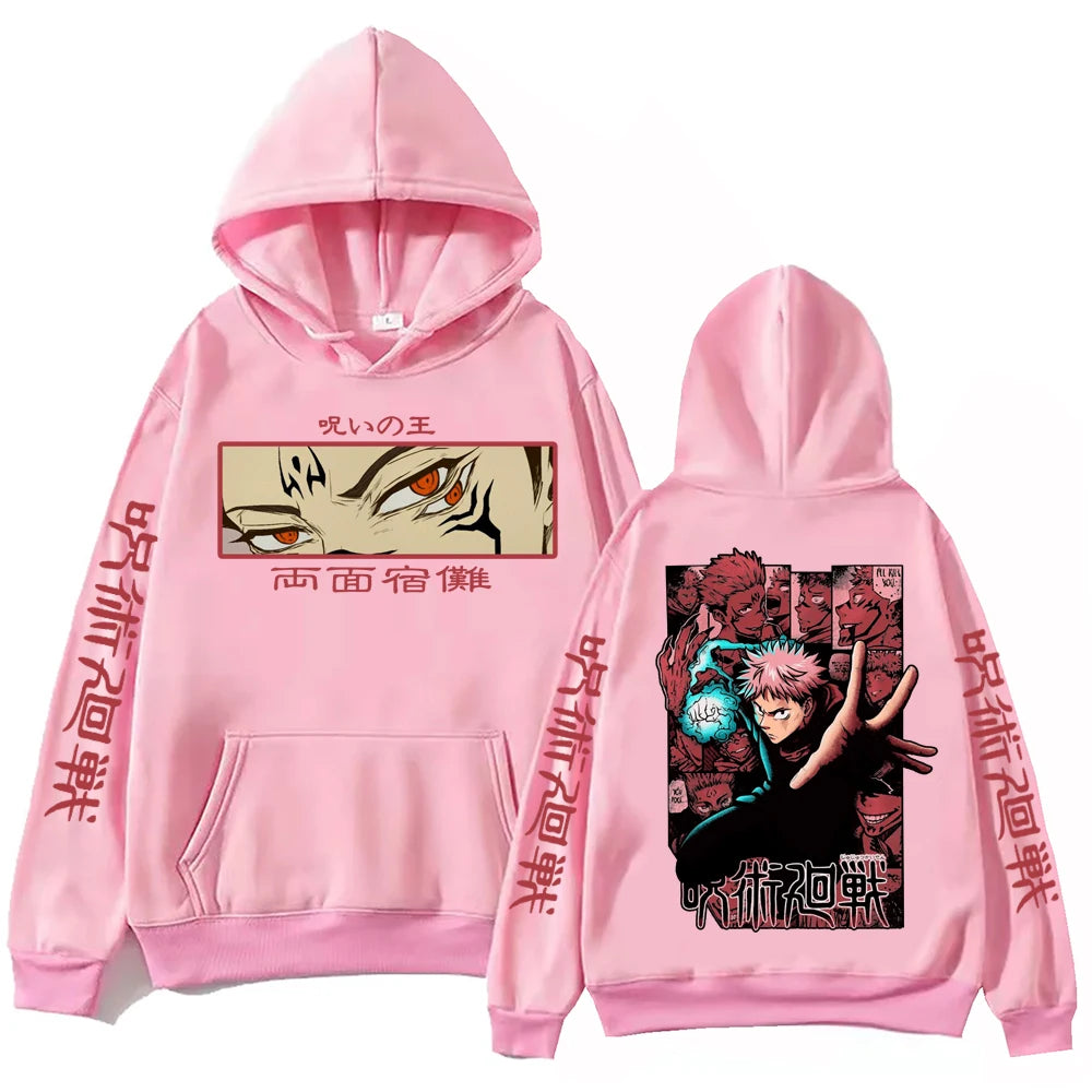 Hoodie rose clair à capuche, imprimé manga sur le devant et au dos