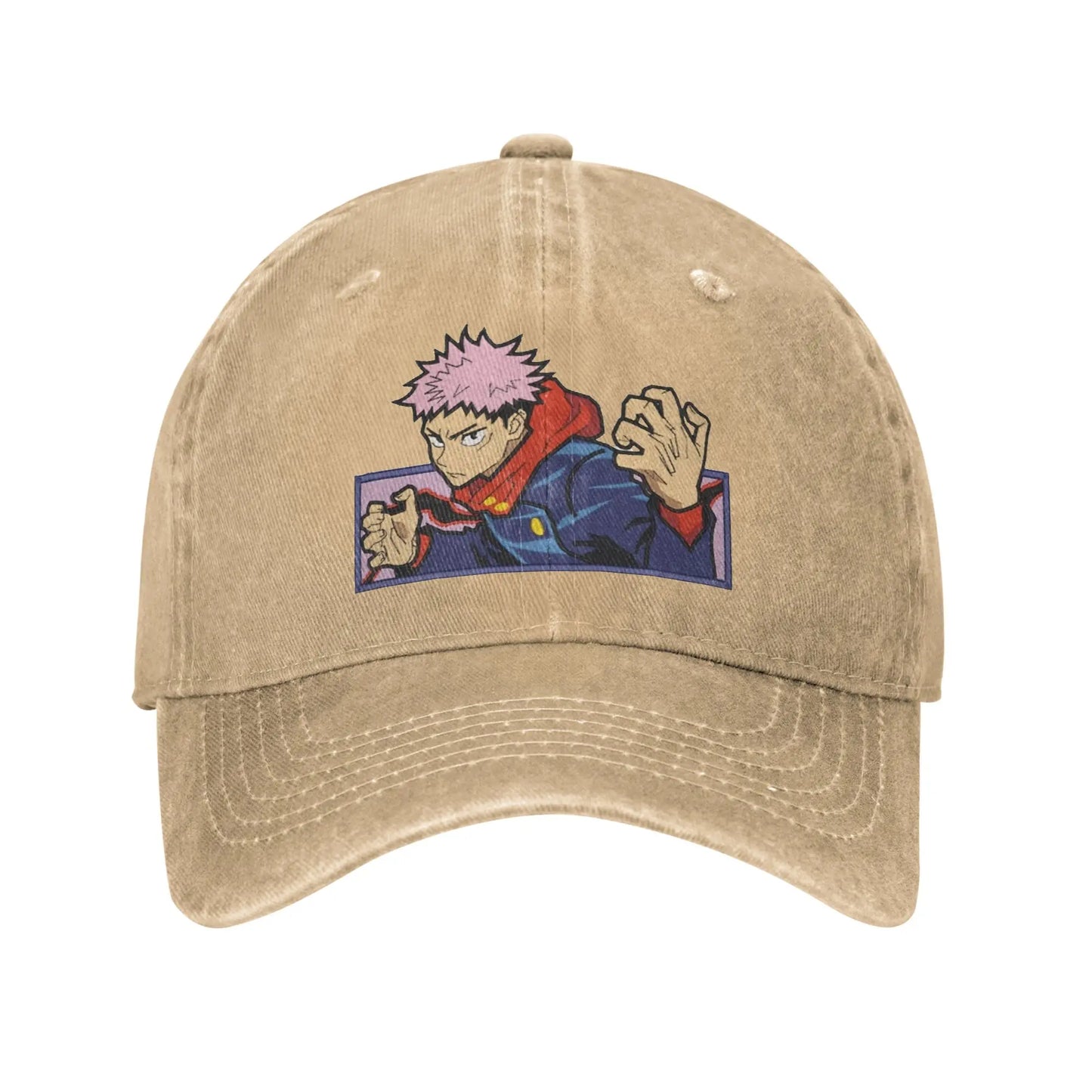 Casquette kaki Jujutsu Kaisen avec patch Yoji Itodori sur le devant et visière brodée
