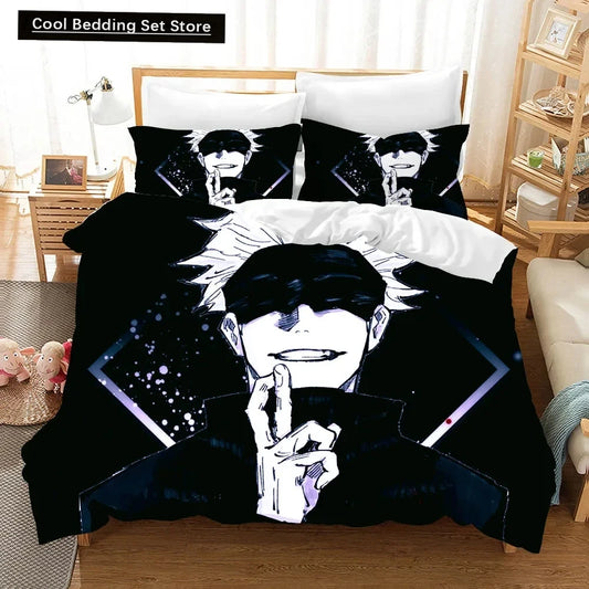 Parure de lit : housse noire et illustration anime noir/blanc, accents violets