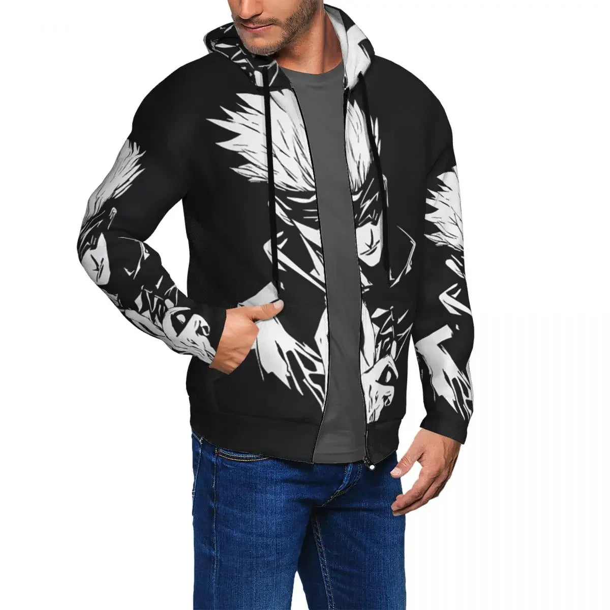 Veste zippée noire à capuche, motif blanc et noir, poche kangourou avant