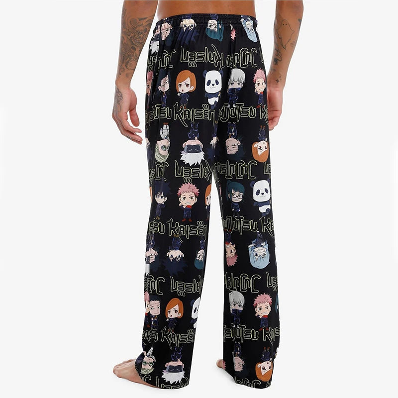 Pantalon de pyjama ample noir à motif chibi Jujutsu Kaisen, taille élastique