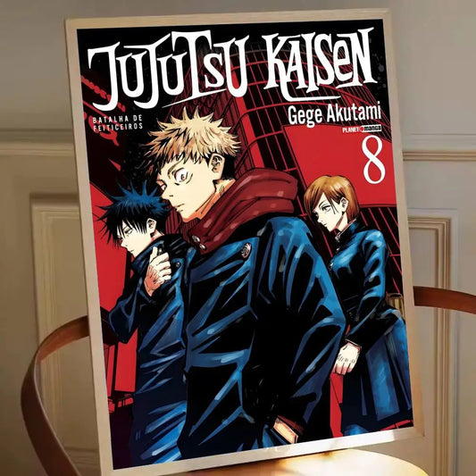 Affiche manga Jujutsu Kaisen avec personnages et volume 8, visuel graphique.