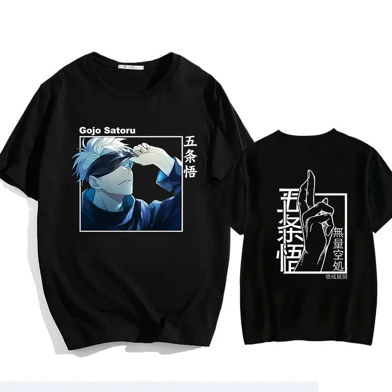 Black Gojo bandeau T-shirt with blue anime face graphic, front and back views