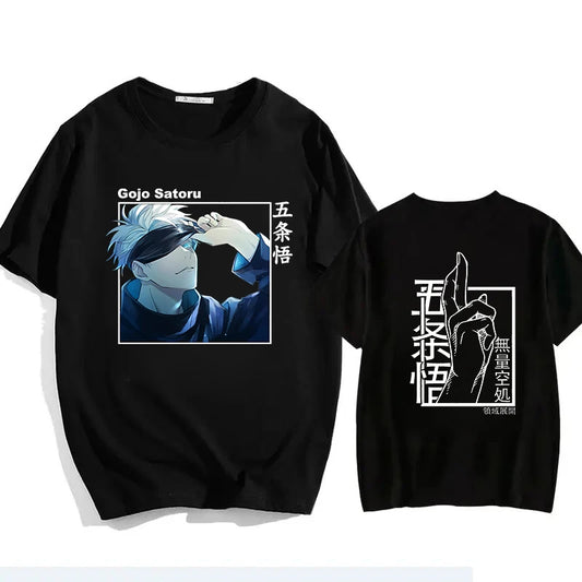 Black Gojo bandeau T-shirt with blue anime face graphic, front and back views