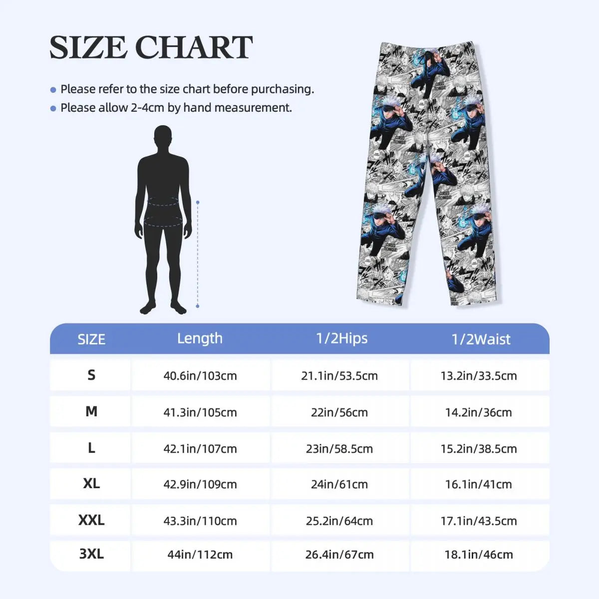 Printed pajama pants with blue-and-white manga artwork, wide-leg