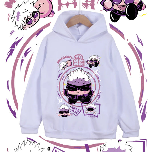 Hoodie blanc à capuche avec imprimé manga Gojo, manches longues
