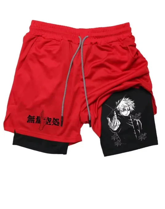 Short rouge avec cordon, imprimé manga noir sur la jambe