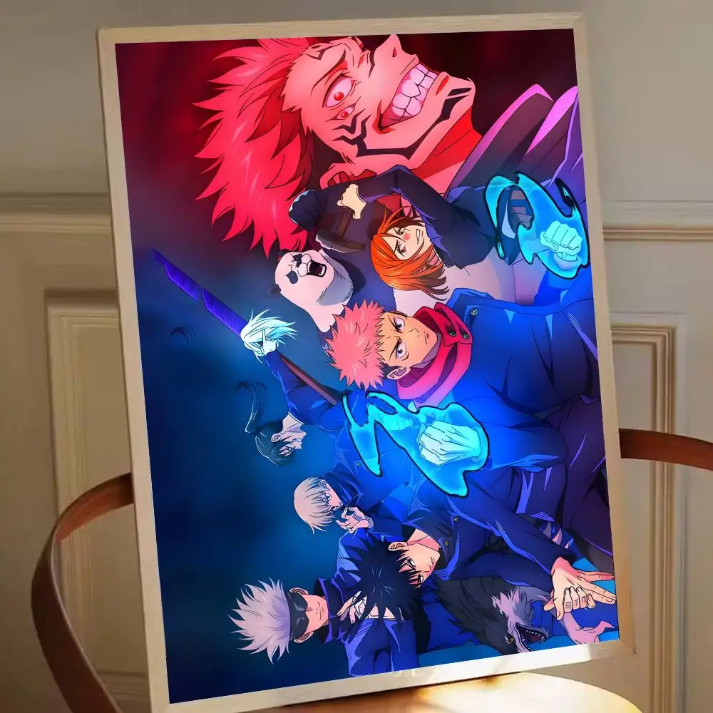 Affiche Jujutsu Kaisen avec personnages en style manga, couleurs rouge et bleu.