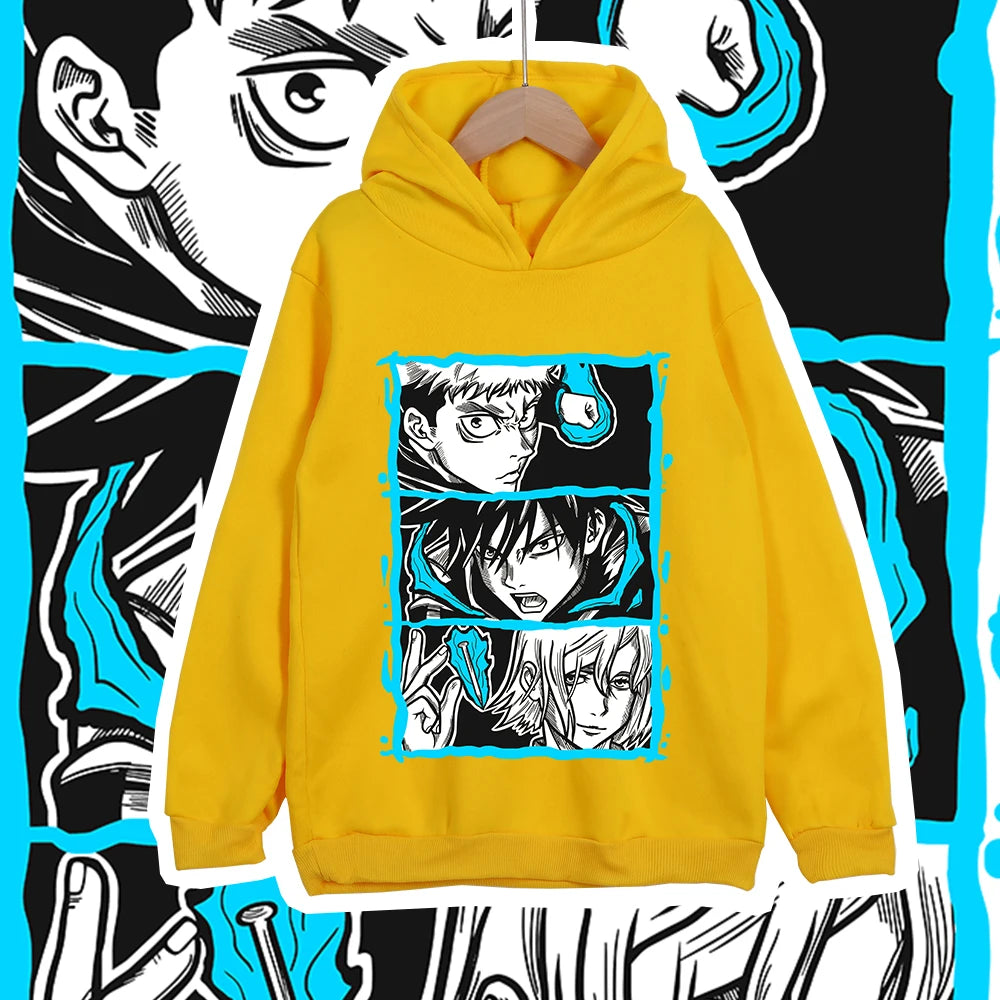 Sweat à capuche enfant jaune avec motif Jujutsu en 3 panneaux, poche kangourou
