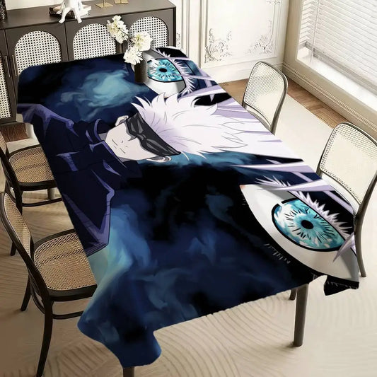 Nappe bleue glacée avec illustration anime et grands yeux bleus, motif sur fond sombre