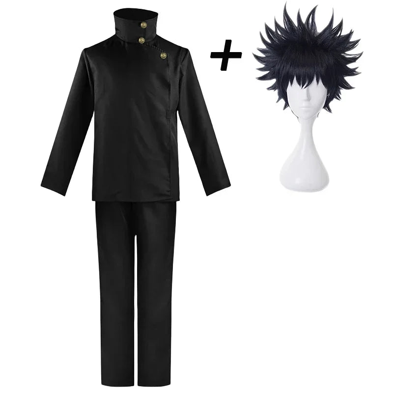 Costume de cosplay noir avec perruque : veste à col montant et pantalon