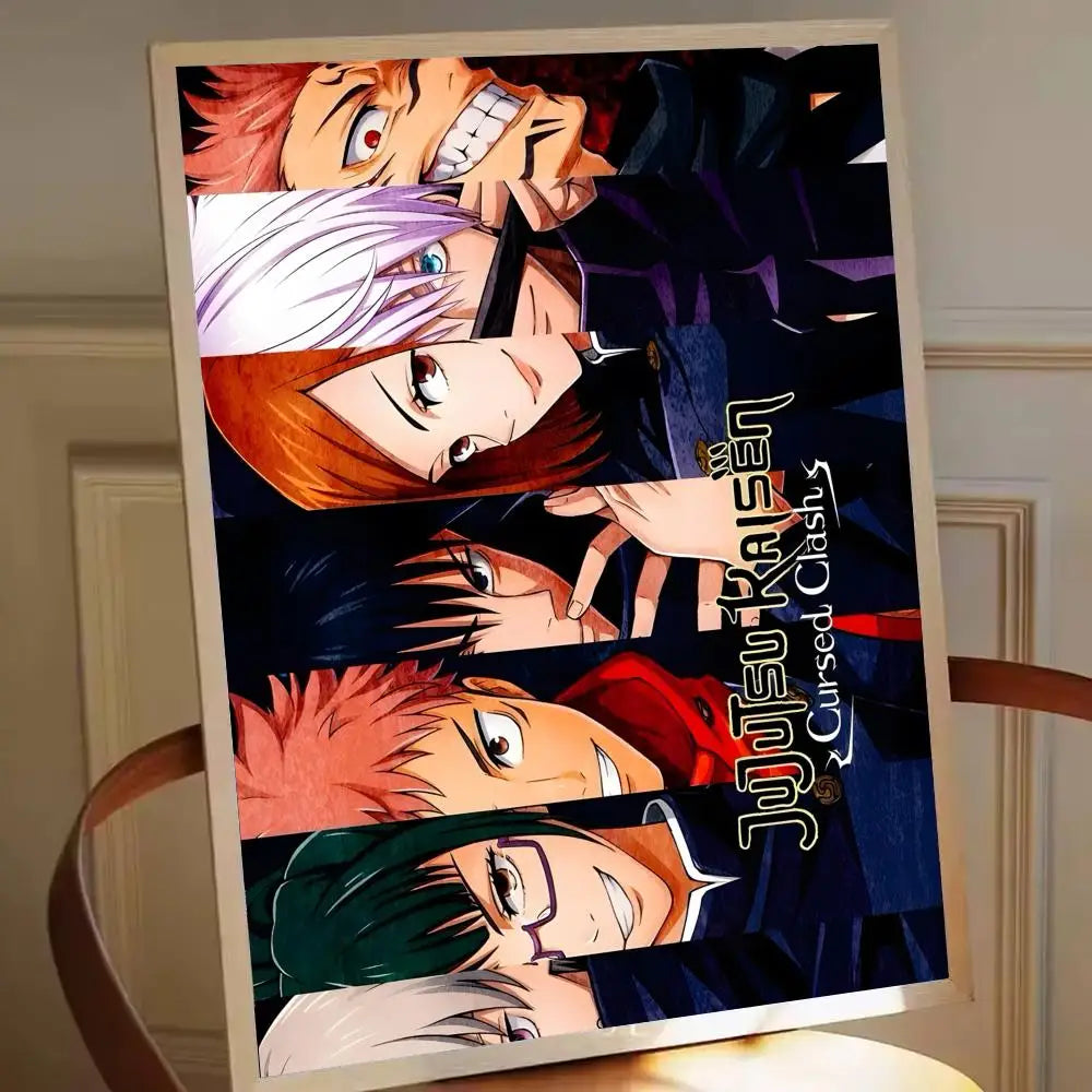 Affiche encadrée avec plusieurs personnages animés, visages en gros plan sur fond sombre