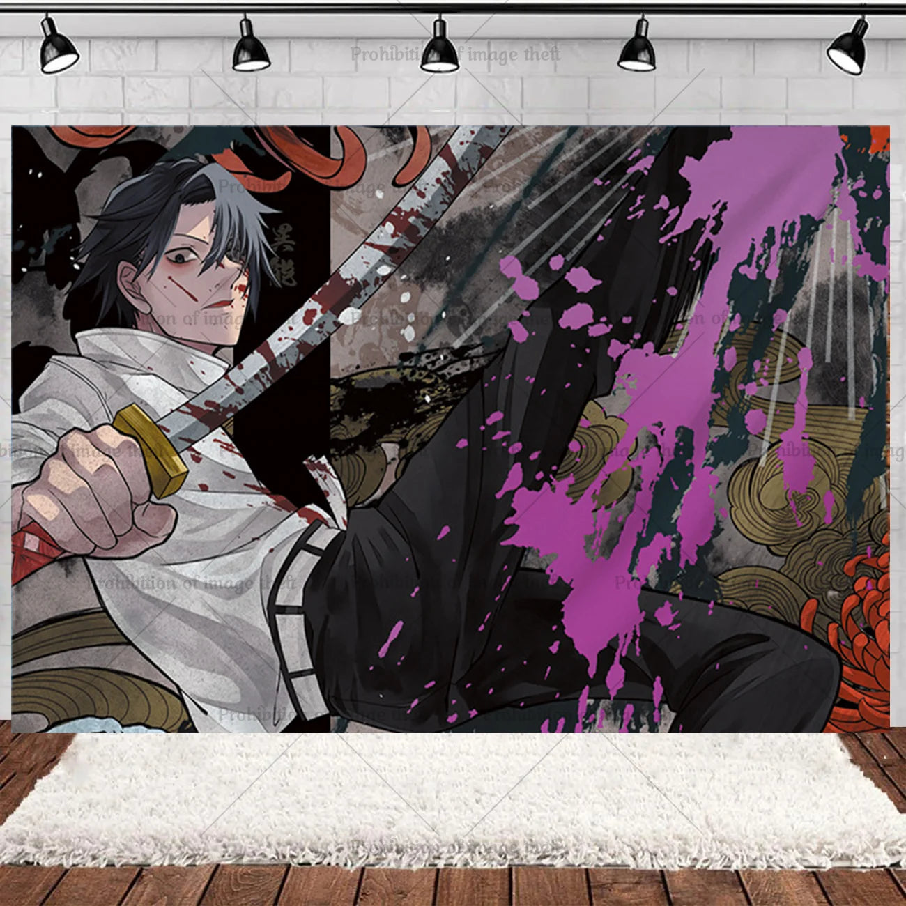 Backdrop Jujutsu Kaisen illustré : personnage au kimono, éclats de couleurs violets et noirs