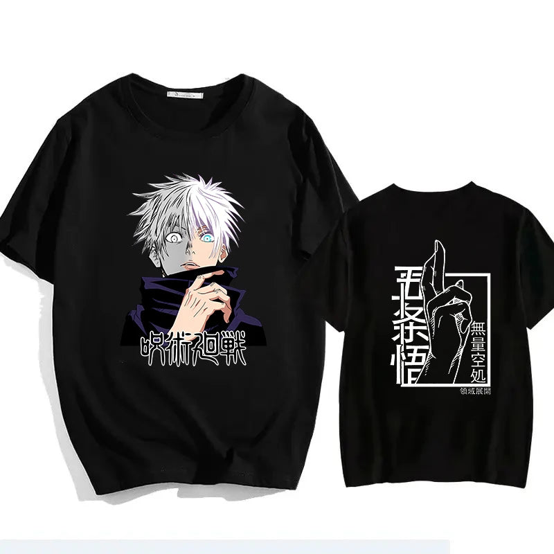 Black T-shirt with Gojo character graphic front and peace-sign back print