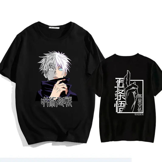 Black T-shirt with Gojo character graphic front and peace-sign back print