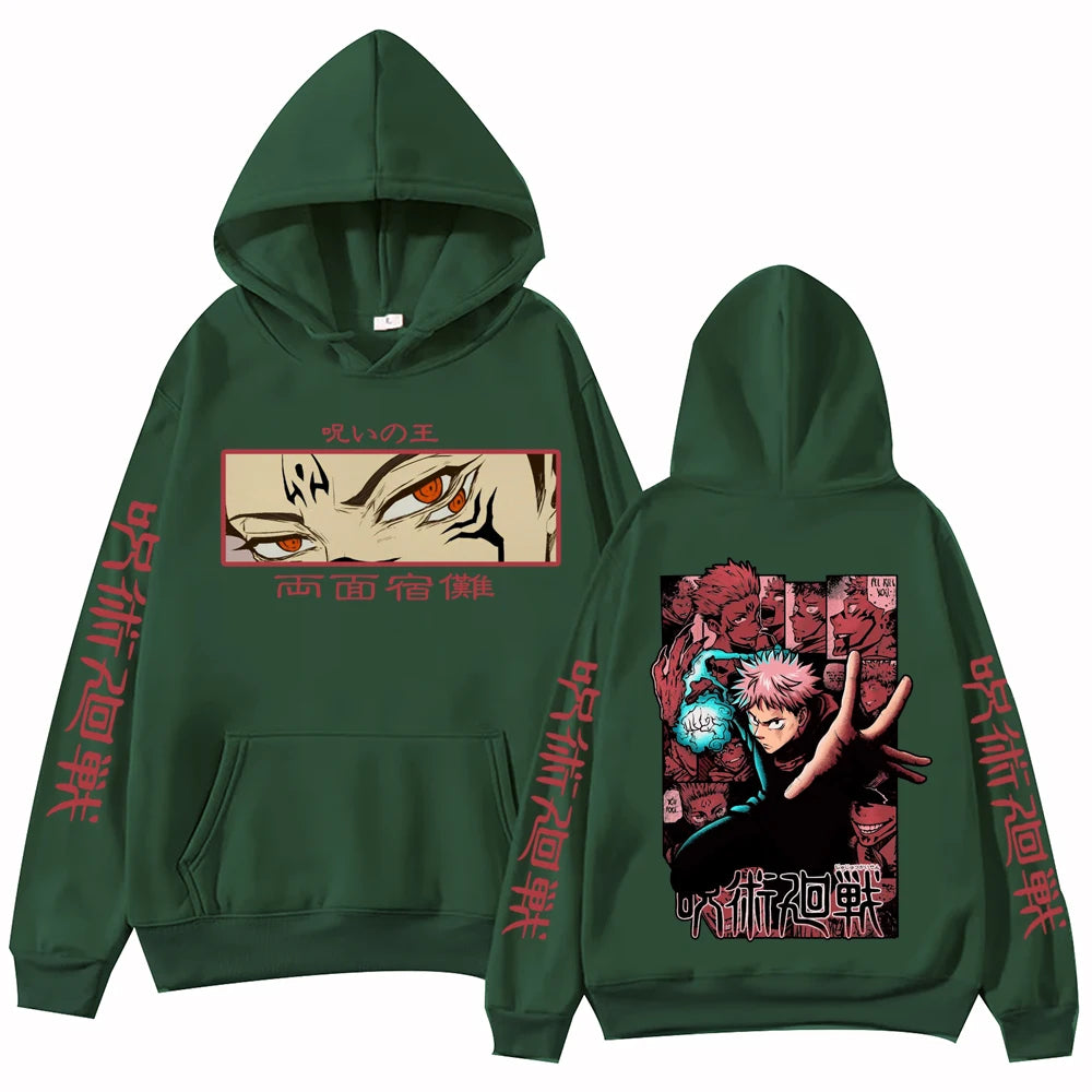 Hoodie vert à capuche, imprimé manga sur le devant et grand visuel au dos