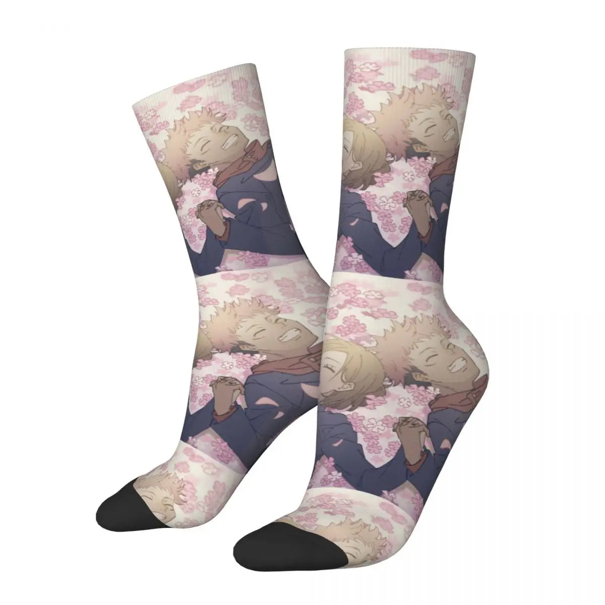 Light pink crew socks with anime character and floral-style pattern