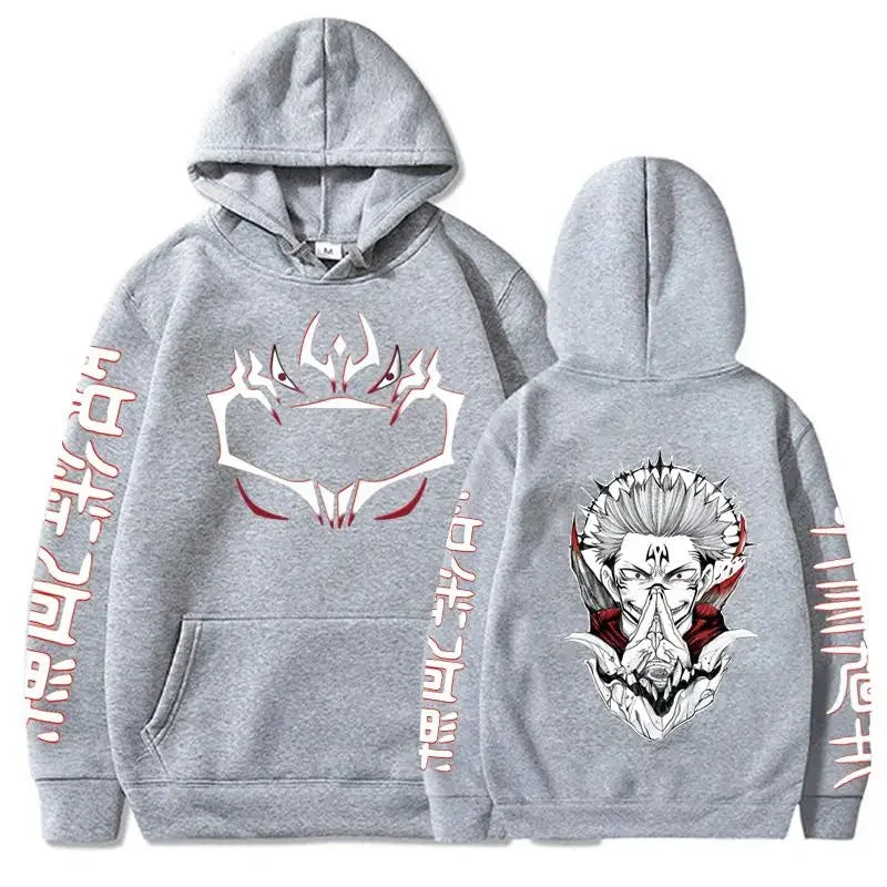 Grey pullover hoodie with front and back Sukuna character graphic, hood and pouch pocket